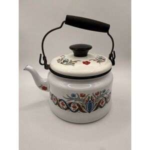 Berggren Swedish Folk Art  Enamelware Floral Handled Tea Pot Tea Kettle E13